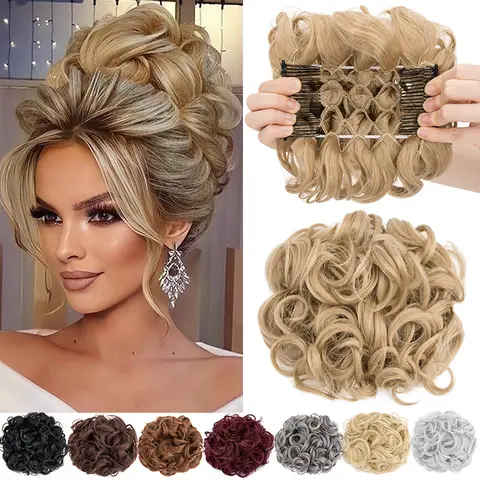 Short Messy Curly Hair Bun Extension Easy Stretch Hair Combs Clip In Ponytail Extension Scrunchie Chignon Ponytail Hairpieces Wavy Synthetic