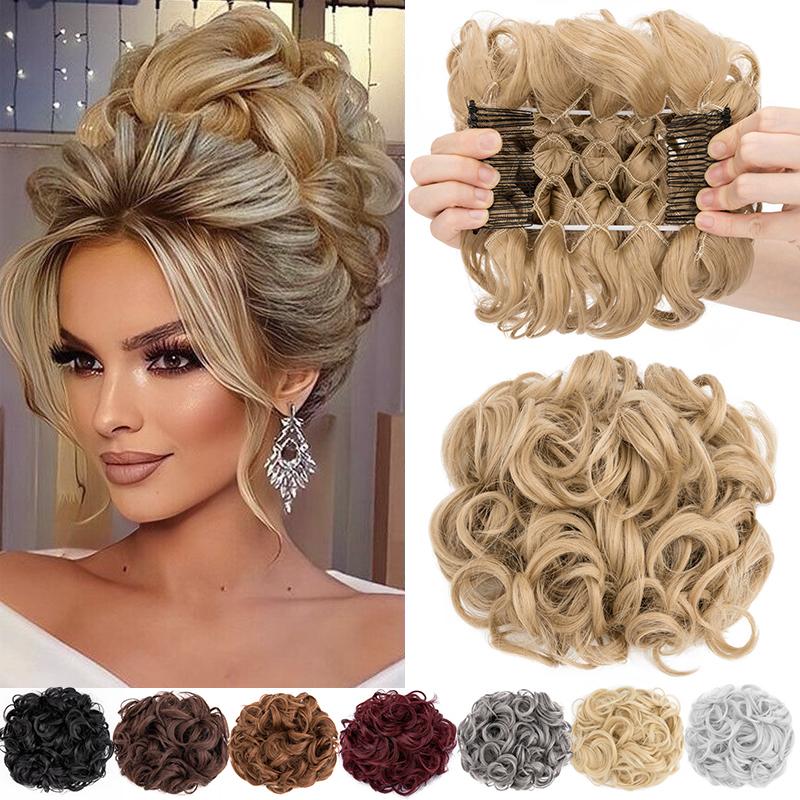 Short Messy Curly Hair Bun Extension Easy Stretch Hair Combs Clip In Ponytail Extension Scrunchie Chignon Ponytail Hairpieces Wavy Synthetic