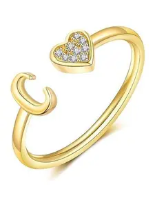 Exquisite Micro Paved Cubic Zirconia Heart Initial Ring,Personalized A-Z Letter Adjustable Open Cuff for Women, Minimalist Stackable Daily Jewelry Gift