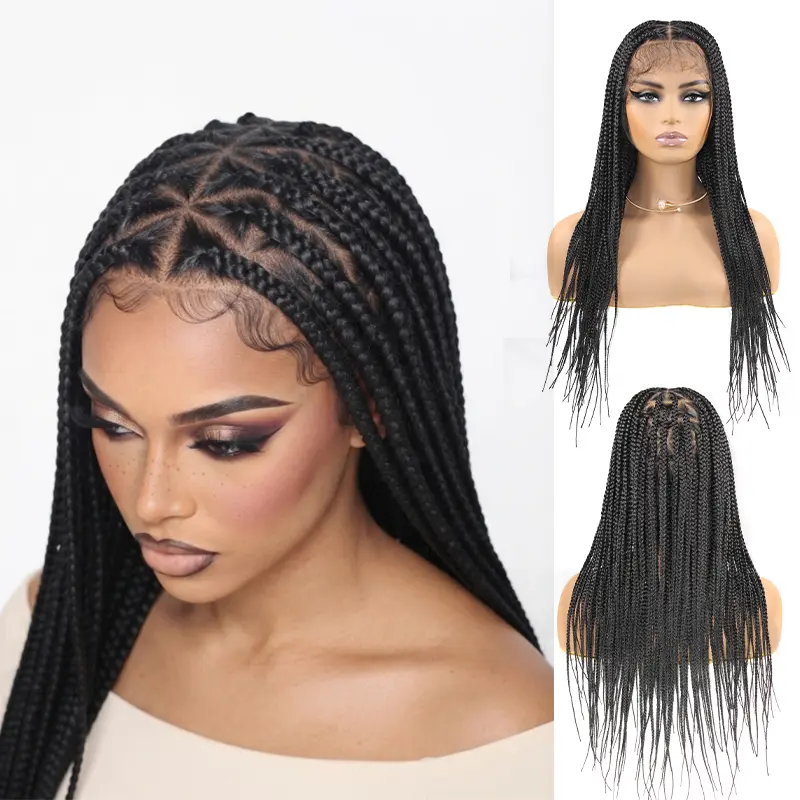 DOSAY Hair 26 Inch Knotless Cornrow Box Braided Full Lace Front Wig Handmade Synthetic African Braids Wig Pre Plucked Baby Hair Glueless Natural Protective Hairstyle For African American Women #KnotlessBraids #BoxBraidWig #BraidedWigs