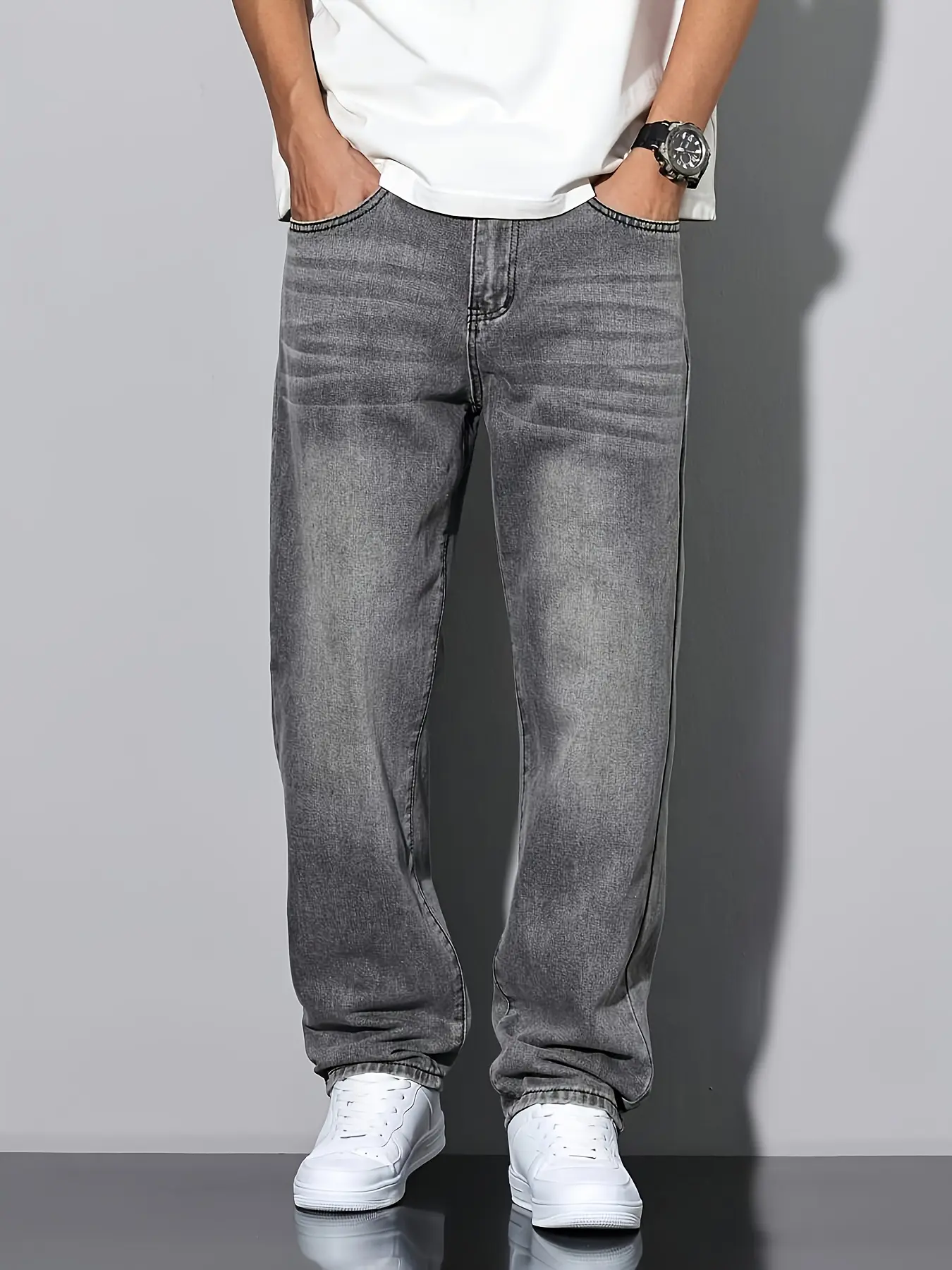 Men's Plain Baggy Straight-Leg Denim Trousers - Casual Streetwear, Washed Cotton-Polyester-Rayon Fabric, Solid Color Style, Denim Blend, Streetwear Attitude With Clean Lines, Flake Detail, Jeans That Deliver Laid-Back Style