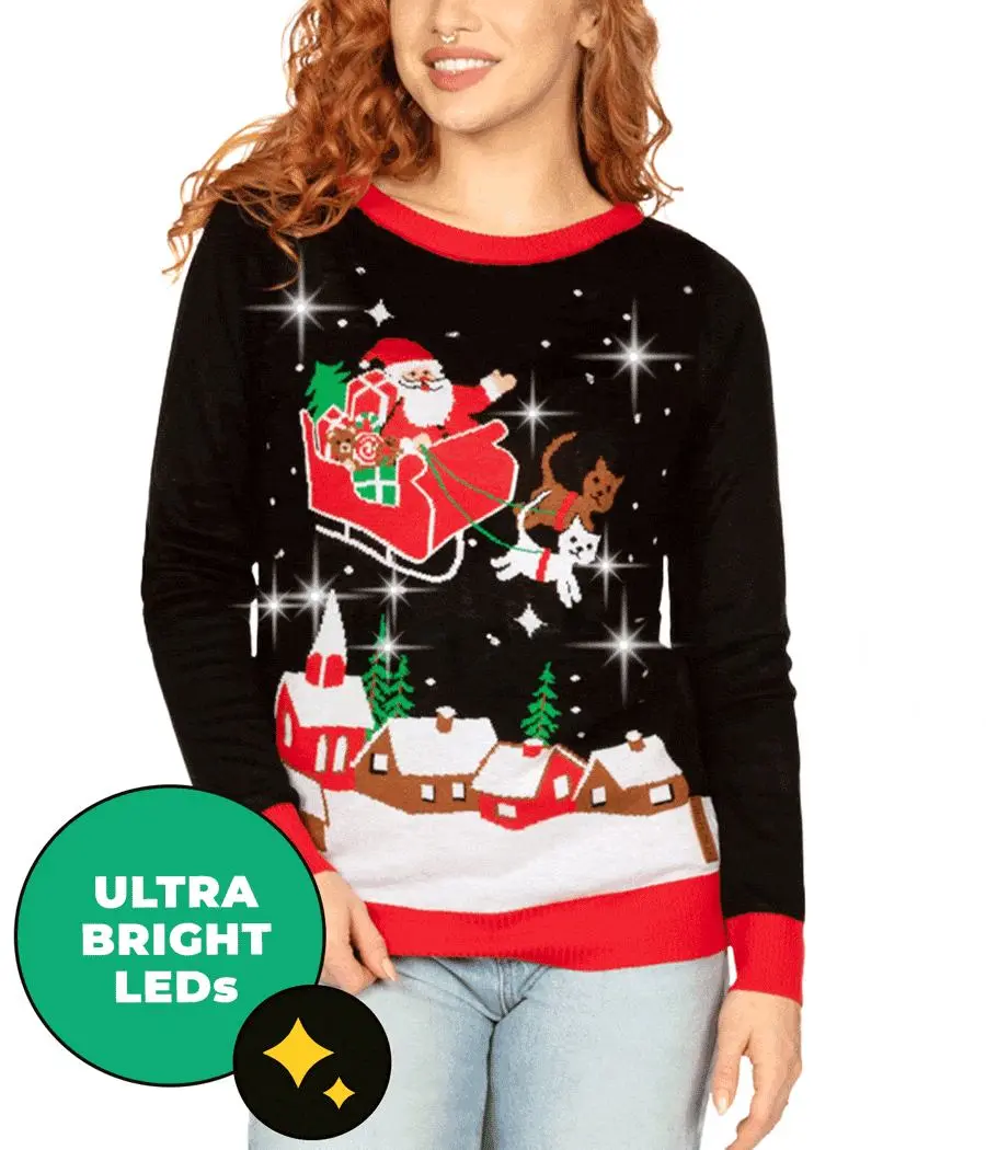 Women's Meowy Christmas Sleigh Light Up Ugly Christmas Sweater