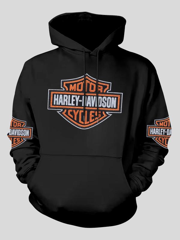 Harley Style Brand Logo Printed Hoodie Sweatshirt, Fitted Long Sleeve Hoodie with Pockets, Fall & Winter Fashion