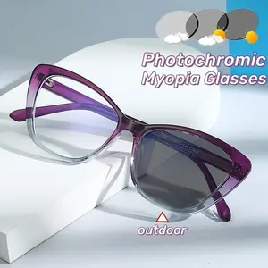 Cat Eye Myopia Photochromic Glasses for Women Men Ultra-light Color Change Near Sight Eyewear Fashion Eyeglasses Diopter