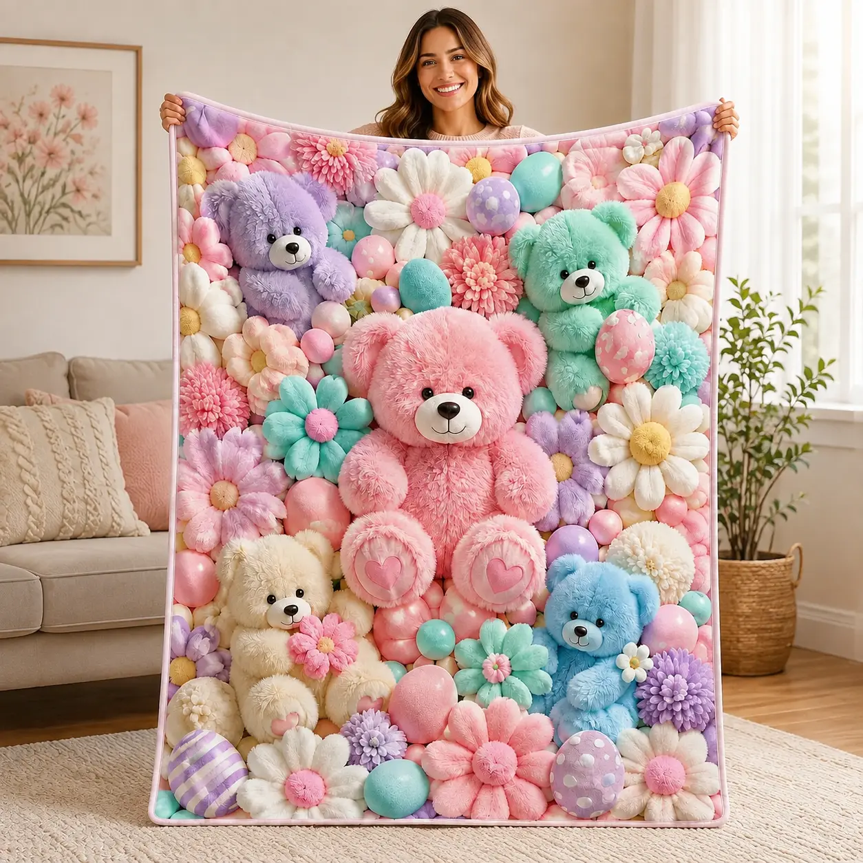 Teddy Bear Floral Flannel Blanket, Cute Cartoon Bear Print Ultra Soft Cozy Throw Blanket, Colorful Aesthetic Lightweight Warm Blanket for Sofa Couch Bed Bedroom Decor, Travel Camping Office Chair Home Accent Gift