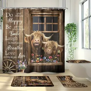 4pcs Country Highland Cow style design, Christmas tree and star, exquisite shower curtain set, non-slip floor mat, U-shaped carpet, toilet lid cover, perfect for bathroom decoration, partition, beautify space, 12 shower curtain hooks are given