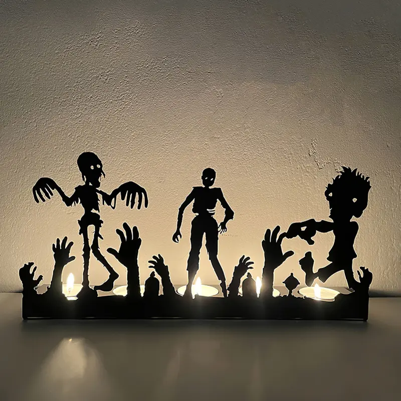 Halloween Black Metal Tealight Holder with Zombie and Pumpkin Silhouette for a Spooky Halloween Party
