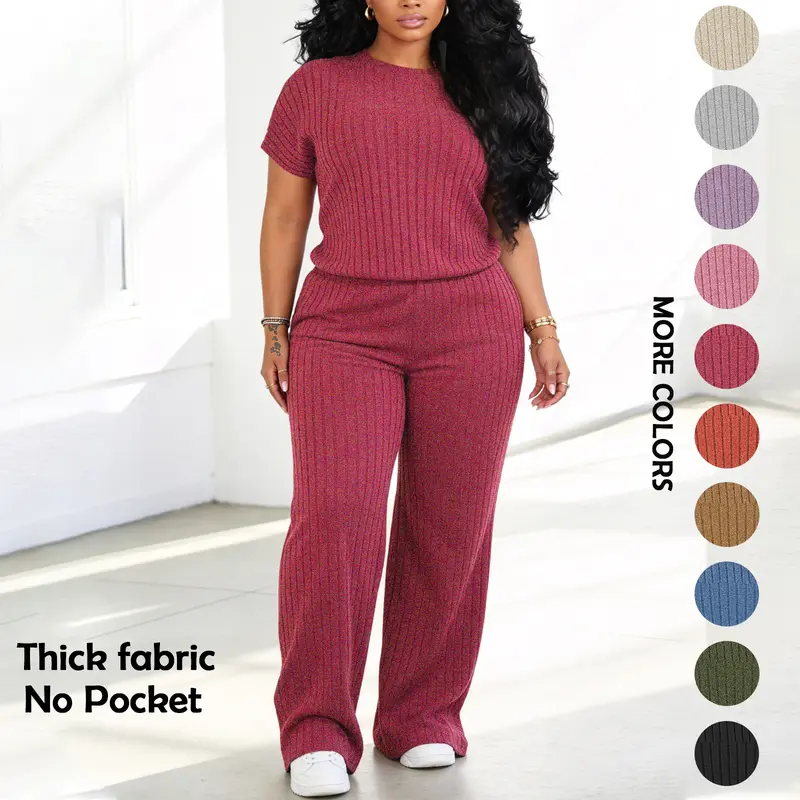 MOEENCN Women's 2-Piece Pants & Top Sets - Solid Brushed Ribbed Crew Neck Batwing Short Sleeve Fitted Cut Top & Wide Leg Pants, Chic Minimalist Cozy Soft Shirred Loungewear Tracksuit for Casual Fashion Set Everyday Wear (Spring Autumn) Beige