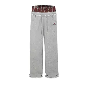 New Fashion Trend Double Waist Plaid Patchwork Sweatpants Loose Fit Womens Wide Leg Casual Plain Comfy Pockets Straight Leg