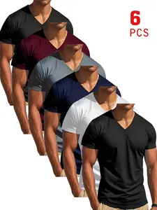 6 pieces of men's solid-color V-neck T-shirts - 100% polyester knitted fabric, with slight stretch, regular fit, suitable for fitness, running, outdoor and casual wear - essential for spring and summer, sport shirts, simple style comfortable t-shirts Tshi