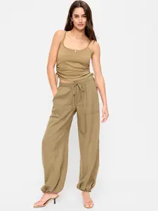 Old Navy Women's Mid-Rise Linen-Blend Cinched-Ankle Pants