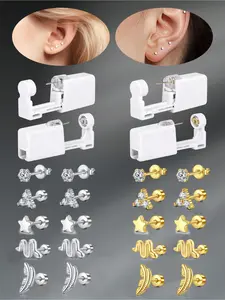 5 Pcs/Set Funky Stainless Steel Cubic Zirconia Heart Faux Pearl Flat Back Earrings With Ear Piercing Gun Self Ear Piercing  At Home Self Ear Piercing Gun Kit, For Daily Decoration