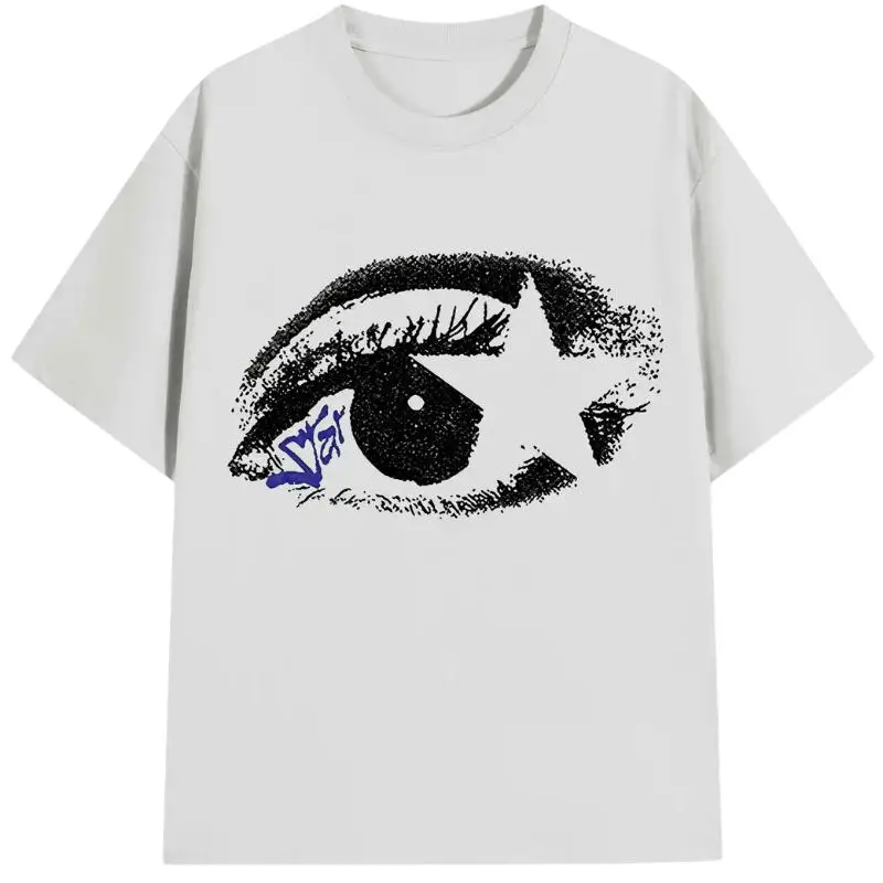 Y2K Streetwear Women's Graphic T-Shirt - White Casual Short Sleeve Round Neck Top with Eye Sketch, Star & Heart Print T-Shirt, Y2k Clothing Cotton Womenswear