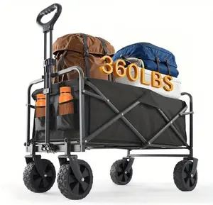1pc Heavy Duty Collapsible Foldable Utility Wagon Cart With All-Terrain Wheels, 360LB Capacity Metal Frame & Plastic Tires For Beach, RV Storage, Camping, Sports - Black, Camping Utility Cart | Foldable Wagon Cart | Metal Frame Cart, Wagon Foldable