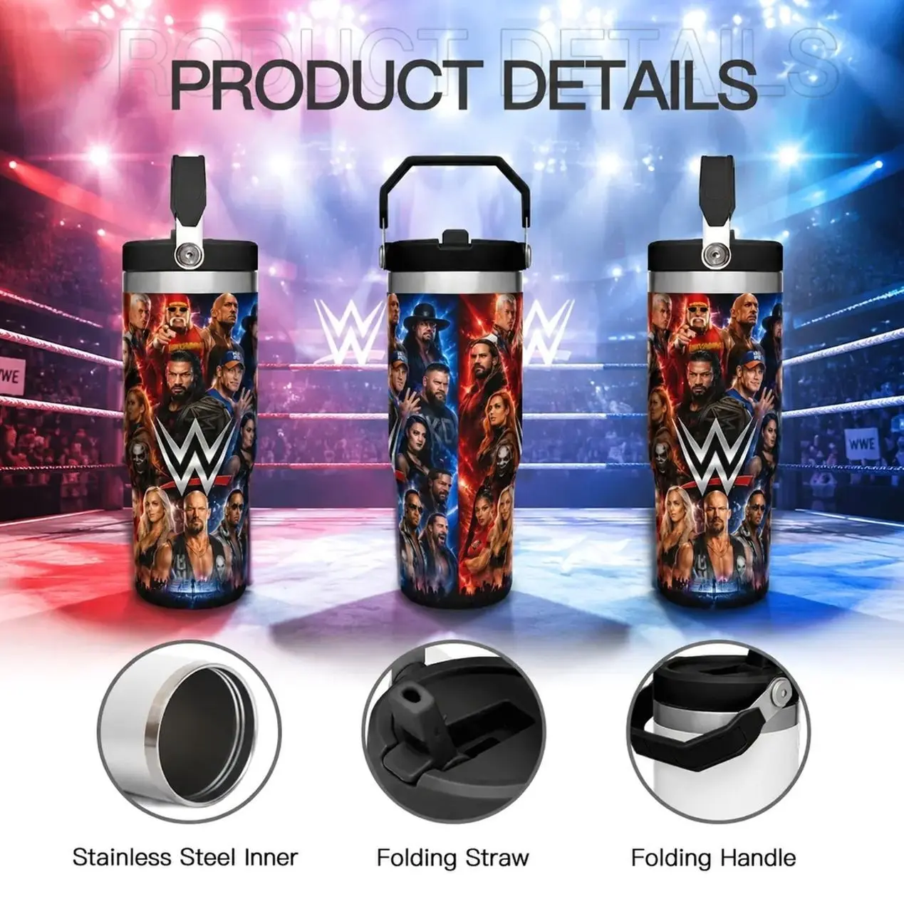 WWE Theme 30oz Tumbler Cup With Handle Foldable Straw Lid Stainless Steel Insulated Water Bottle Summer Must Have Best Gift Idea Fan Favorite Collection Cup