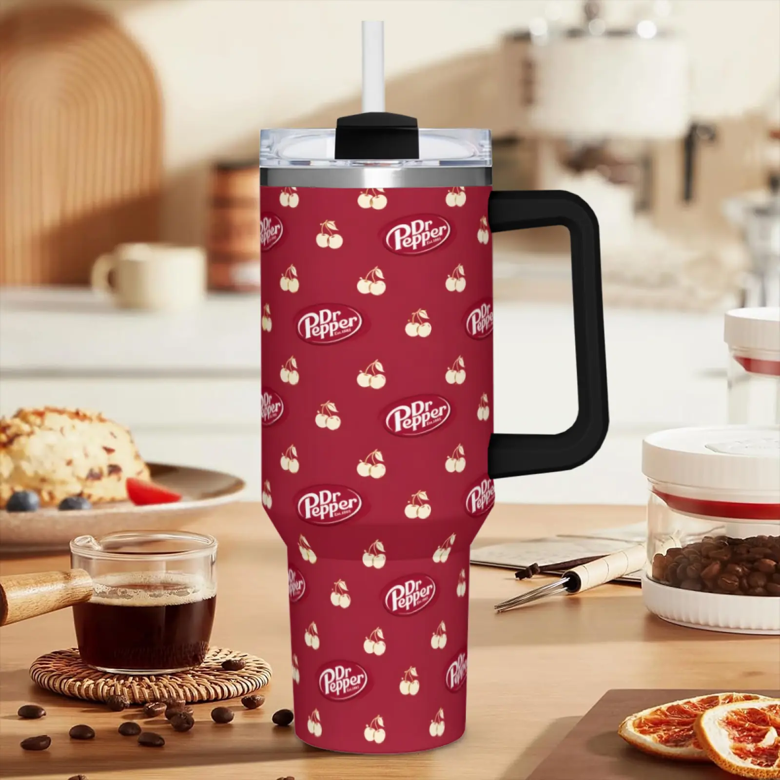 40oz Dr Pepper Stainless Steel Double Wall Insulated Tumbler Flask - Portable, Leakproof, Stylish Water Bottle with Handle Lid, Straw, Fits Car Cup Holder, Reusable Cold Drink Cup for Summer, Cute Cartoon Gift for Teens
