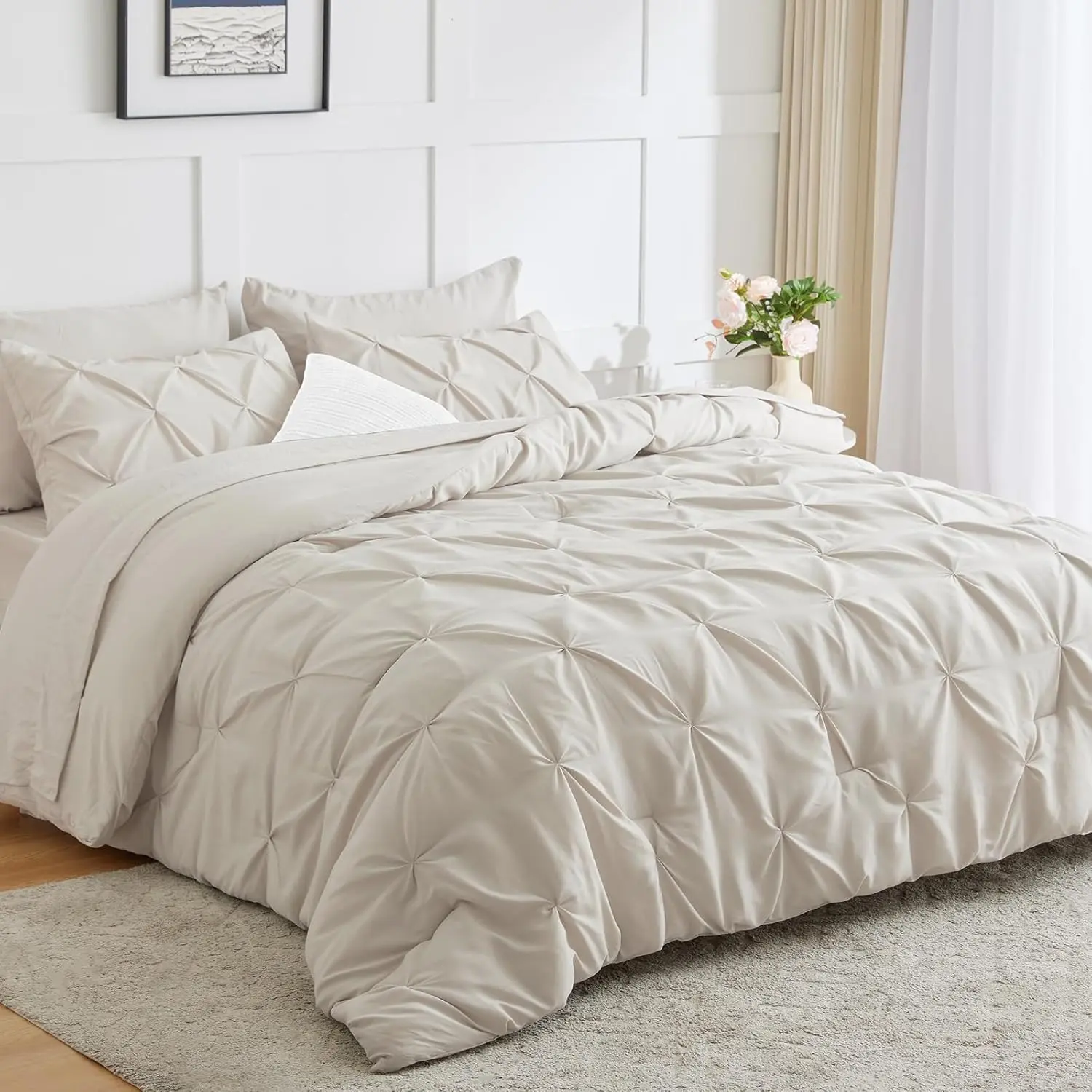 Beige Comforter Queen 7 Beige Comforter(88 "x 88") Pintuck Neutral Queen Bed Pinch Pleated Queen Comforter Complete with,Pillowcases  Shams