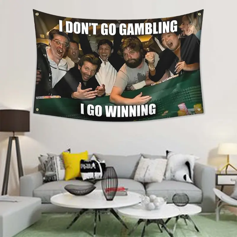 3x5ft Bright Fade-Resistant Synthetic Polyester Tapestry Flag, "I Don't Gamble I Win" Humorous Slogan Wall Hanging with 4 Brass Grommets, Double Needle Construction, Living Room Bedroom Decoration, Room Decorations for Indoors Gifting, Home Bedroom Decor