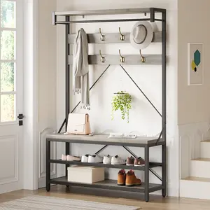 Industrial Hall Tree Coat Rack with 2-Tier Shoe Bench, 8 Hooks, Hanging Rod & Storage Shelf, Wood & Metal Entryway Organizer, Modern Farmhouse Accent Furniture for Hallway, Mudroom & Bedroom 39.9"x15.7"x72"
