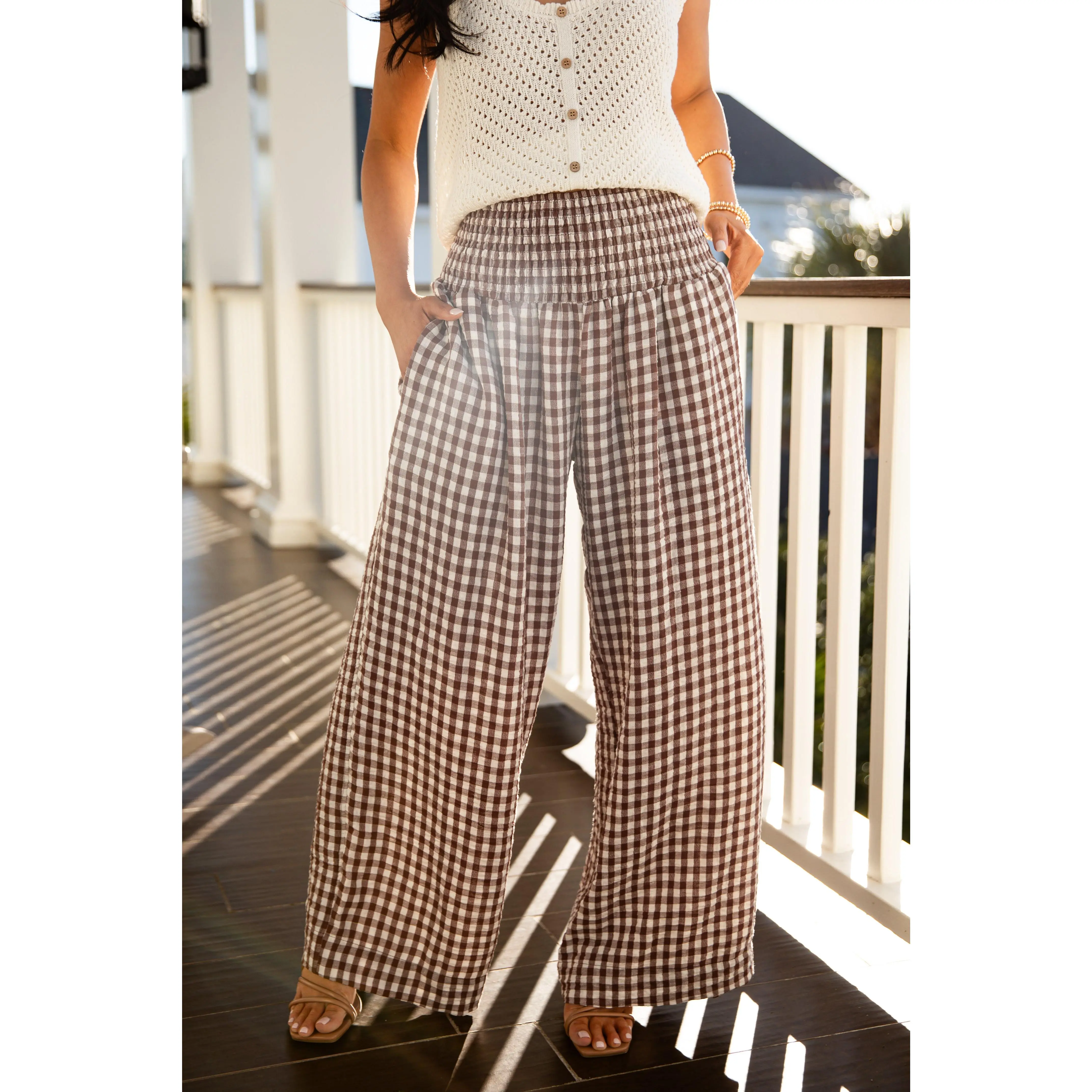 Women's Brown Gingham Picnic Pants, Spandex Garment for Date Outfits, Matching Print Blouse Compatible Bottoms