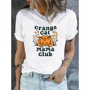 Orange Cat Print Women's Crew Neck T-shirt Casual Short Sleeve Top Spring Summer Loose Fit Lightweight Breathable Basic Tee