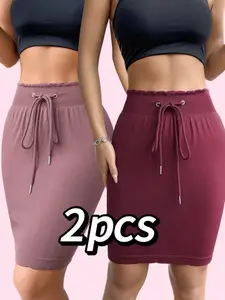 2 Packs Women's High Waist Drawstring Bodycon Mini Skirt with Inner Safety Shorts Butt Lifter Anti-Chafing Scallop Trim Soft Stretchy Casual Daily Wear