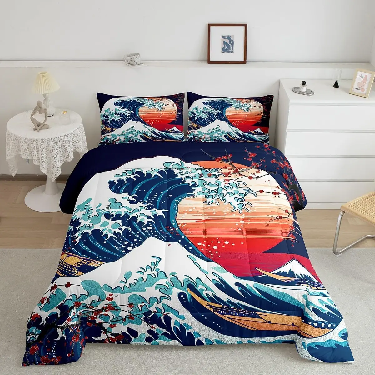 Feelyou Queen Size Breathable Microfiber Quilt Bedspread Set - Japanese Wave Print Bedding with Cherry Blossom, Fuji Mountain, Red Sun Designs for Japanese Style Home Decor, Machine Washable