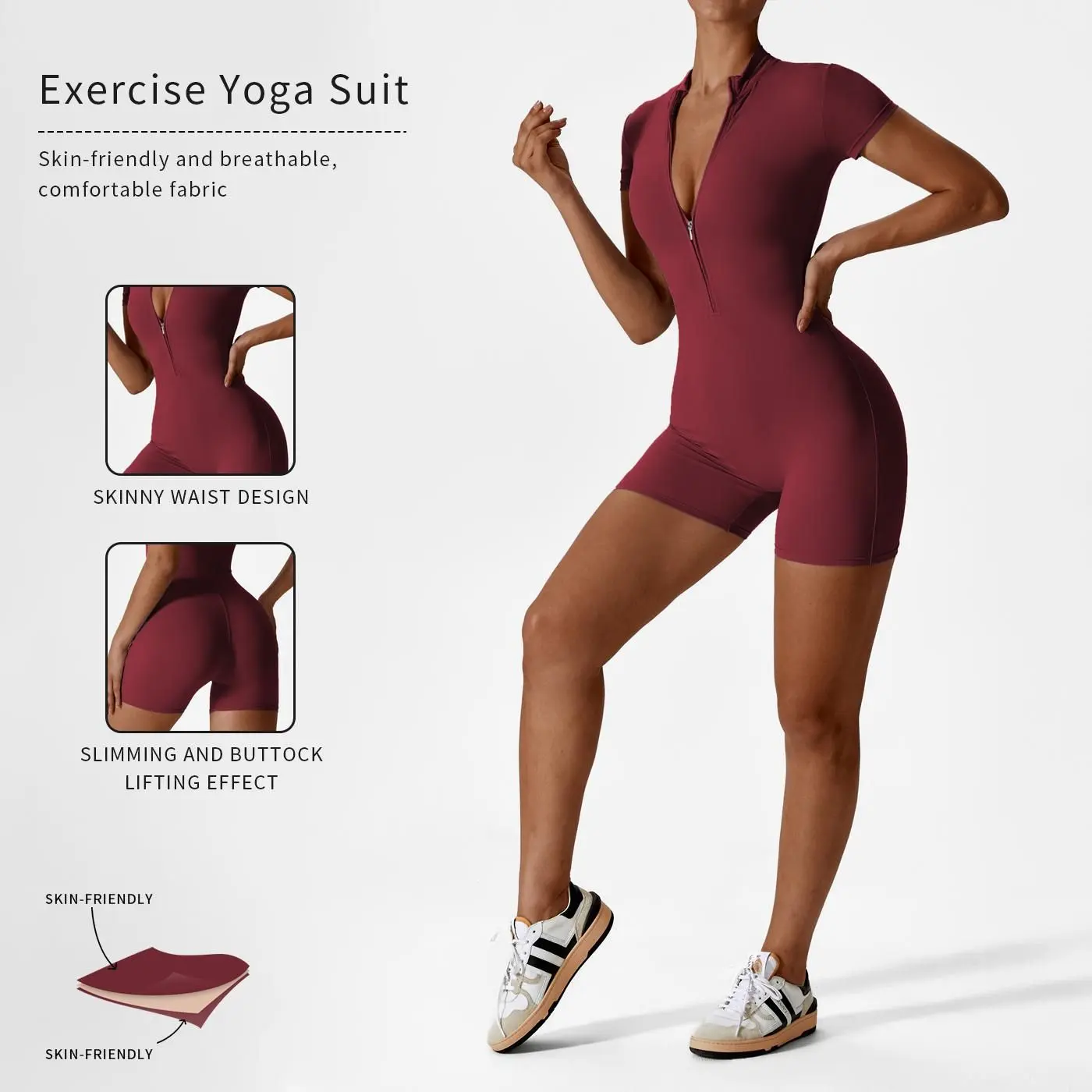 Sporty Women's Solid Color Zip Up Half Placket Mock Neck Summer Sports Skinny Tummy Control Romper, Casual Sport Quick Drying Short Sleeve Bodycon Romper, Gym Clothing, Summer One-Piece Sport Outfits, Gym Clothes Women Yoga Jumpsuit Stylish Activewear