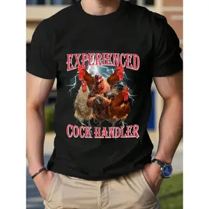 [100% Cotton] Unisex🐔😂Funny Adult Humor "Experienced Cock Handler" Graphic Tee, Inappropriate Round Neck Short Sleeve Shirt, Trendy Graphic T-Shirt, Casual Cotton Top, Fits