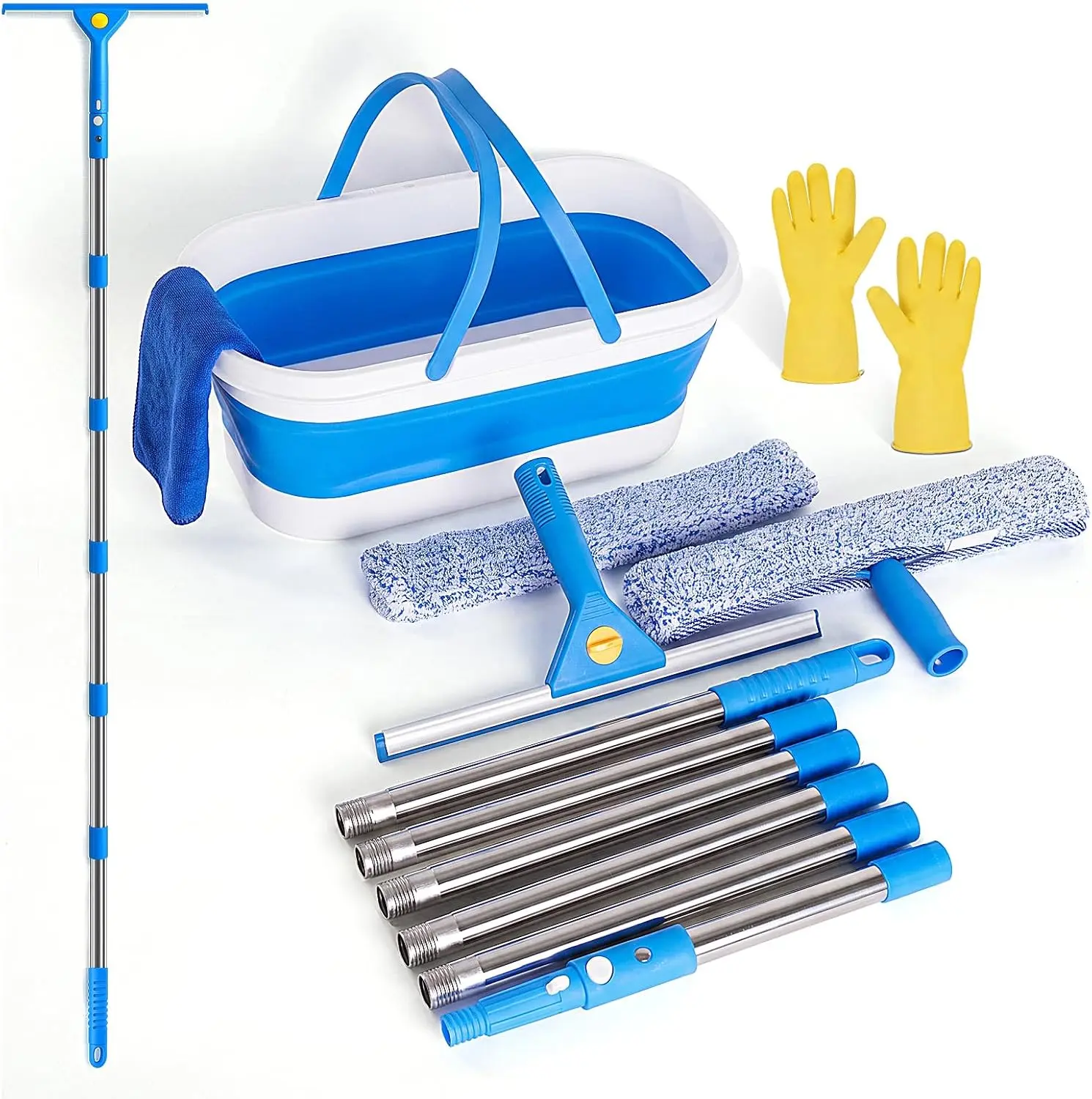 Window Cleaning Kit, Window Washing Kit with 3 Gallon Collapsible Bucket, 14-Inch Squeegee & 15-Inch Scrubber, 76-Inch Extendable Pole, Window Washing Equipment for Home & Commercial (76 inch)