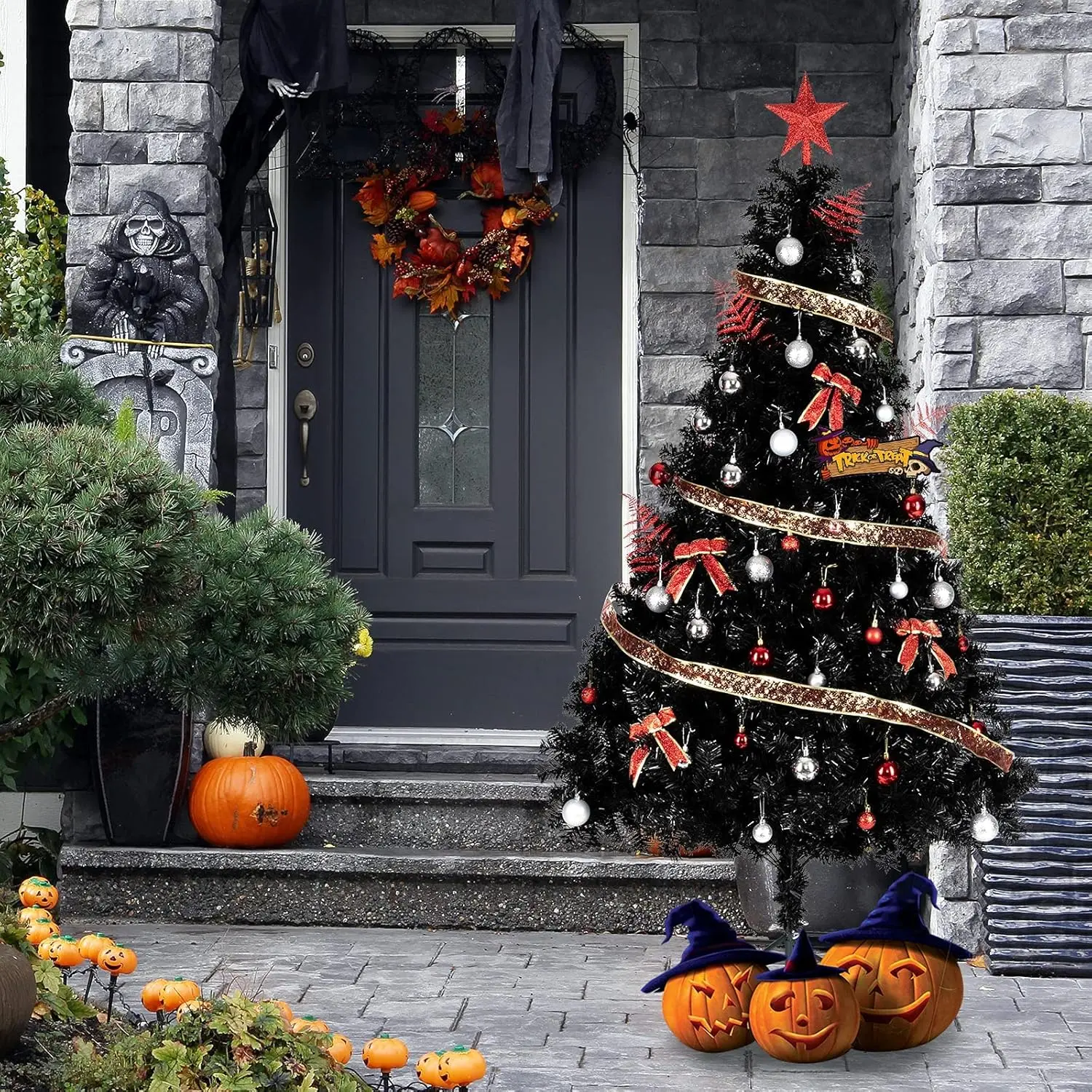 VINGLI Upgraded 6 ft PVC Fluffy Artificial Black Christmas/Halloween Tree Set, Indoor Festive Holiday Decoration with 1,600 Branch Tips, Sturdy Metal Stand for Ornaments Decorating, Easy Assembly