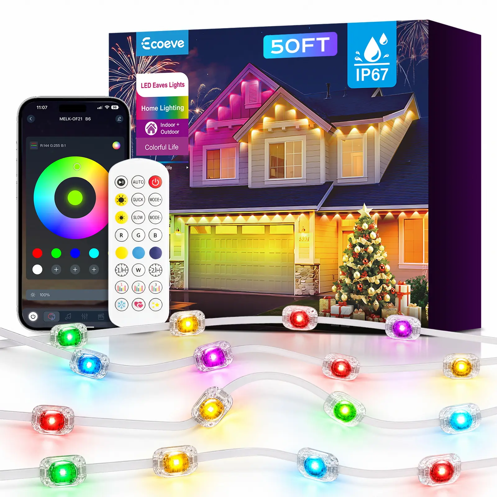 Outdoor Eave LED Strip Lights - Permanent Programmable RGB Changing LED, Smart App & Remote Control, 16M Dynamic Colors, Music Sync, IP67 Waterproof Roofline Lights for House Christmas Decor