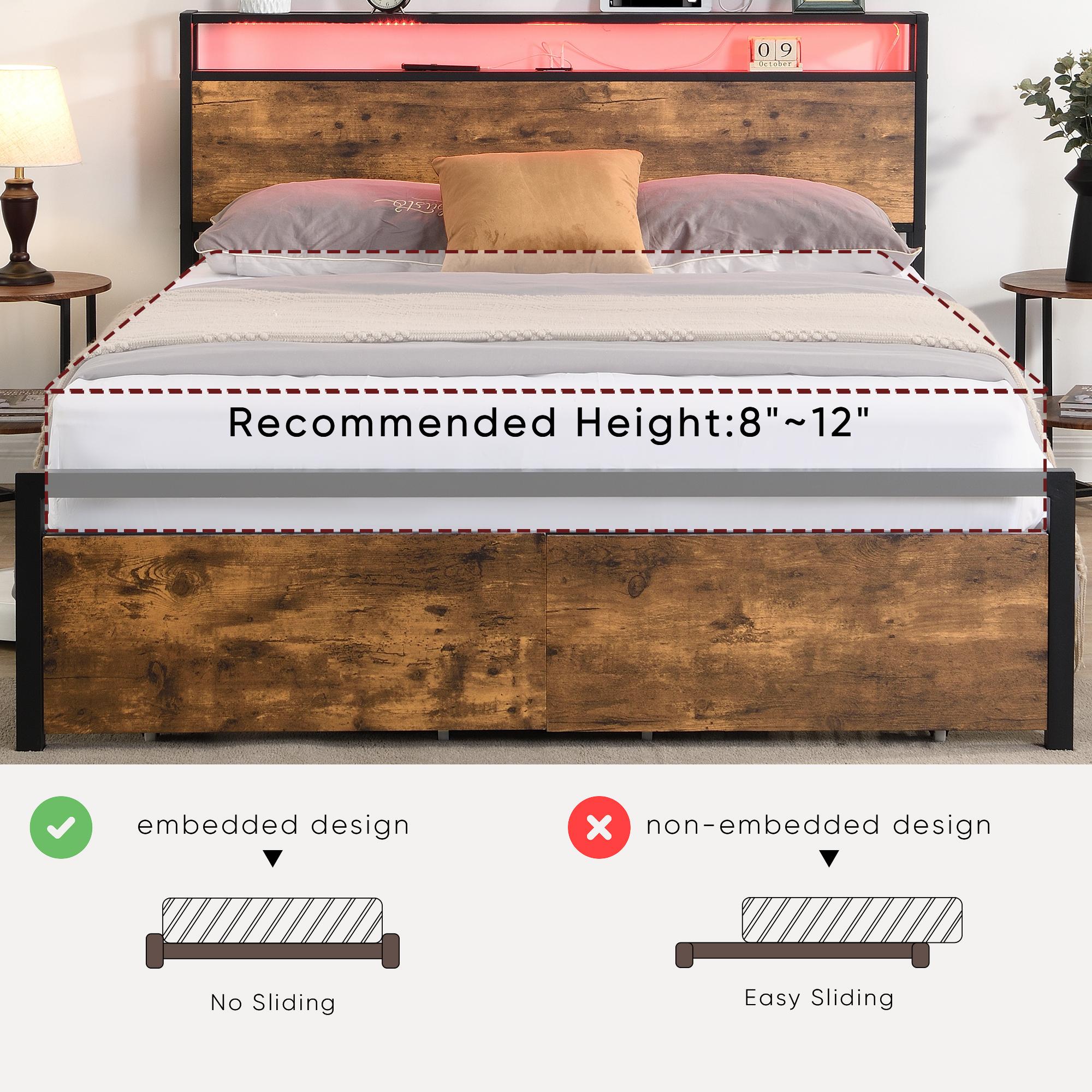 Queen Size Bed Frame with Mattress, LED Lights & Charging Station, Storage Headboard with Drawers, Noise-Free Platform Bed, No Box Spring Needed – Cama Queen con Colchón