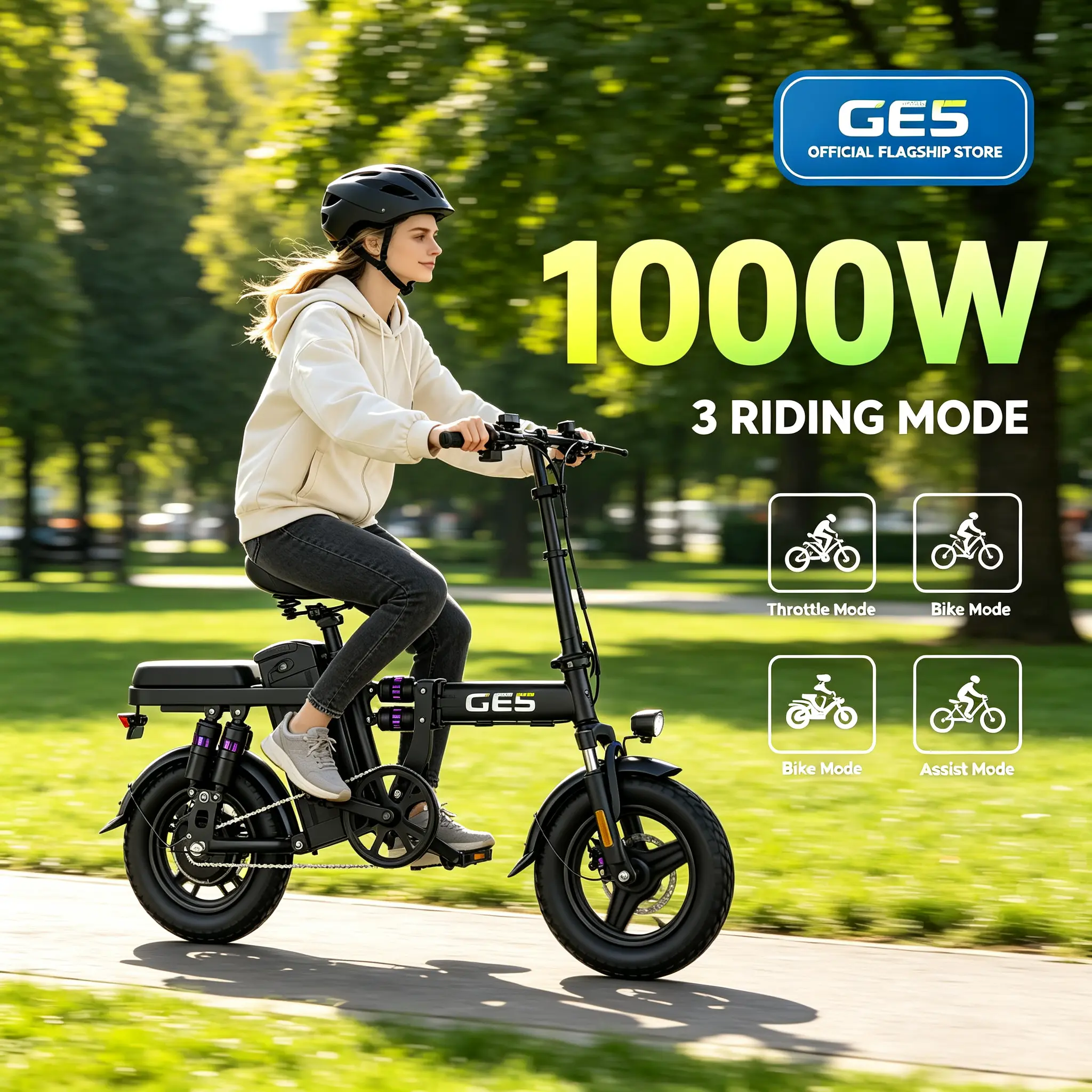 Save Your Commute Cost! GE5 Compact Foldable Electric Bike for Adults｜Dual Seat Design, Front & Rear Disc Brakes, 3 Riding Modes Lightweight Folding Ebike for City Travel