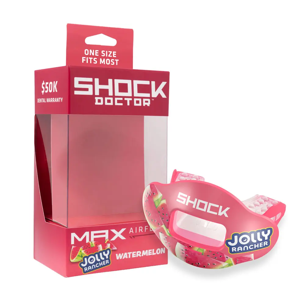 Shock Doctor Jolly Rancher Max AirFlow Football Mouthguard  - Full Mouth Protection Compatible with Braces, Lip Guard, Instant Fit Mouthguard for Football - Watermelon Flavor