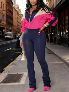 Colorblock Zipper Jacket & Bell Bottom Pants Set, Casual Fitted, Regular Length, Drawstring, Women's Fashion, Womenswear, All Seasons