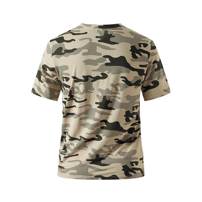 Pack of 5 short-sleeve tops, available in multiple colors. Breathable and casual, suitable for fitness and sports. Designed for teenage boys/male students. Crew neck with a camouflage print pattern that has stretch. Ideal for outdoor everyday wear.
