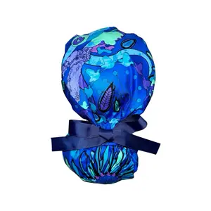 Satin Lined Ponytail Scrub Cap- Dragonflies Blue