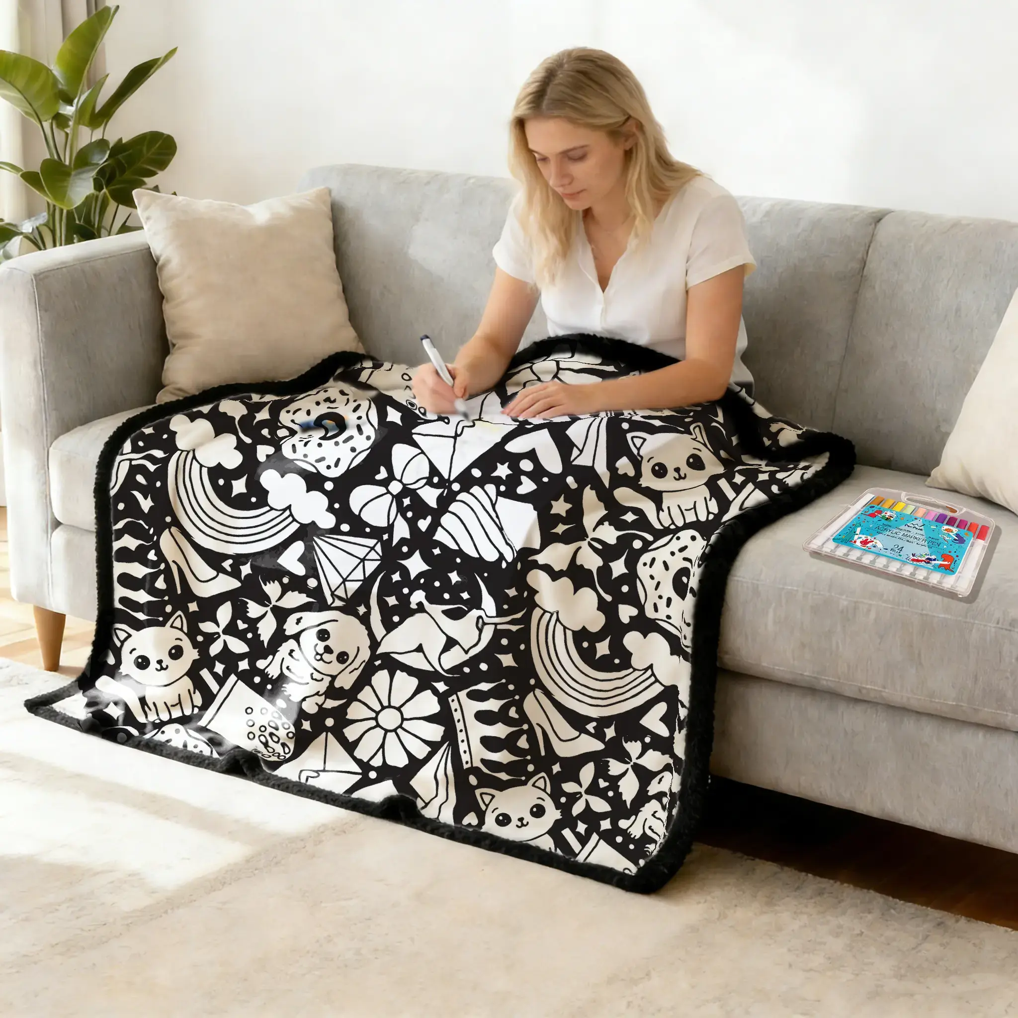 DIY Coloring Blanket Kit for Kids & Adults - Art Project Throw - Creative Activity with Markers - Unique Birthday, Holiday, or Special Occasion Gift - Customizable Cozy Home Decor Craft Set