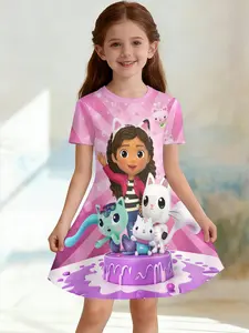Girls' Gabby Doll Party A-Line Dress, Cartoon Sweetie Short Sleeve Dress, Fashion Outdoor Wear, Birthday Gift, Holiday Gift