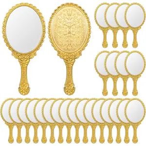24 Pack Vintage Handheld Makeup Mirrors Gold Embossed Floral Portable Princess Mirror with Handle Decorative Travel Cosmetic Purse Mirror for Women Party Favors Classroom