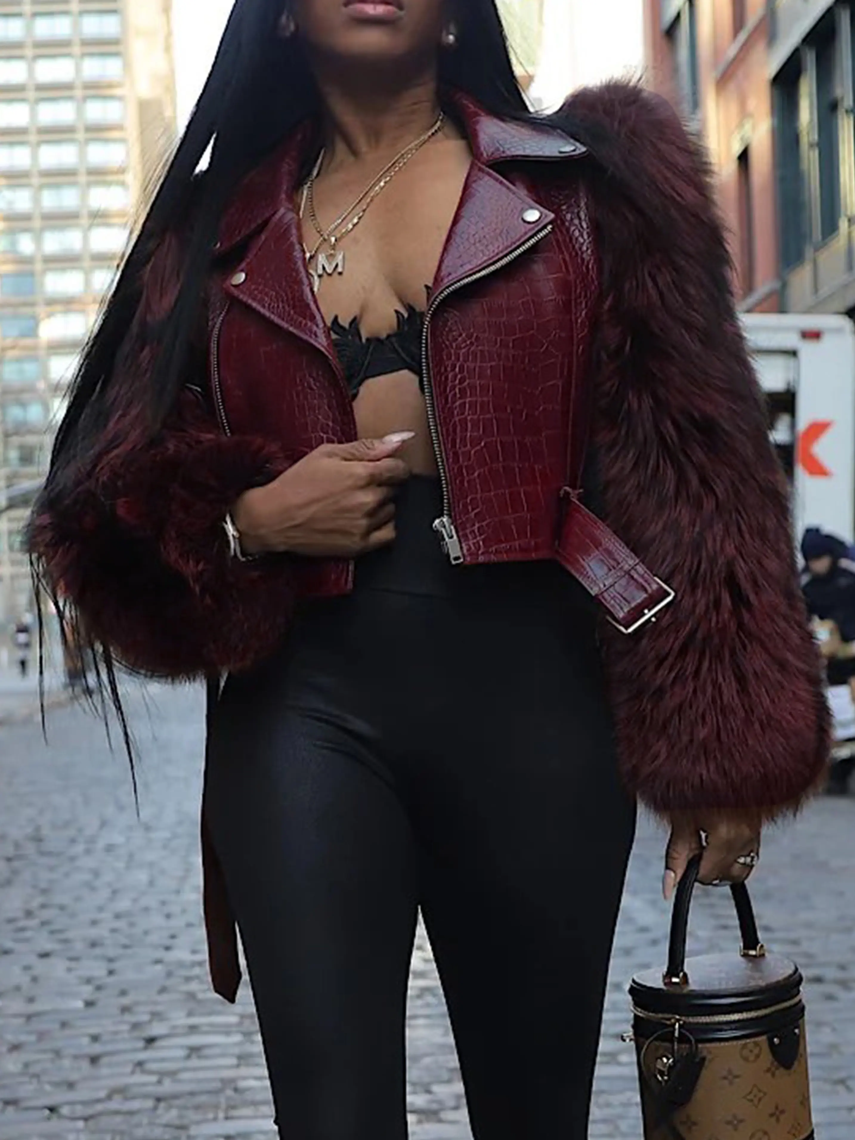 Women's Deep Red Faux Leather Chic Party Piece Jacket - Regular Fit, Faux Fur Trim, Solid Short Outerwear for New Year, Office, Tops-Compatible Layer with 'Do Not Wash' Care Note
