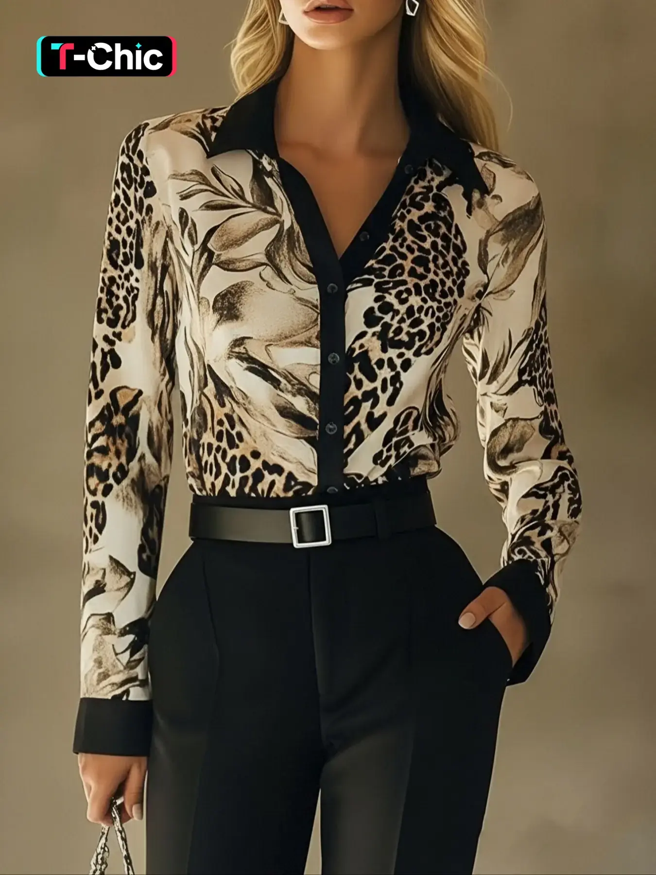 Women's Leopard Print Long Sleeve Fitted Shirt, Button Down Shirt, Elegant Commuter Blouse, Button Front Patchwork Design, Casual Business Wear, Fall Fashion, Womenswear