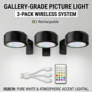 3-Pack Rechargeable RGB Picture Light with Remote - Magnetic Wireless Art Display Light for Paintings, Photo Frames & Wall Decor - Dimmable No Wiring Renter Friendly •