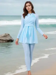 Two-Piece Plain Color Full Coverage Muslim Women Swimsuit, Conservative Middle East Style, Beach Vacation Casual Slim Fit Separates Set, Modest Swimwear