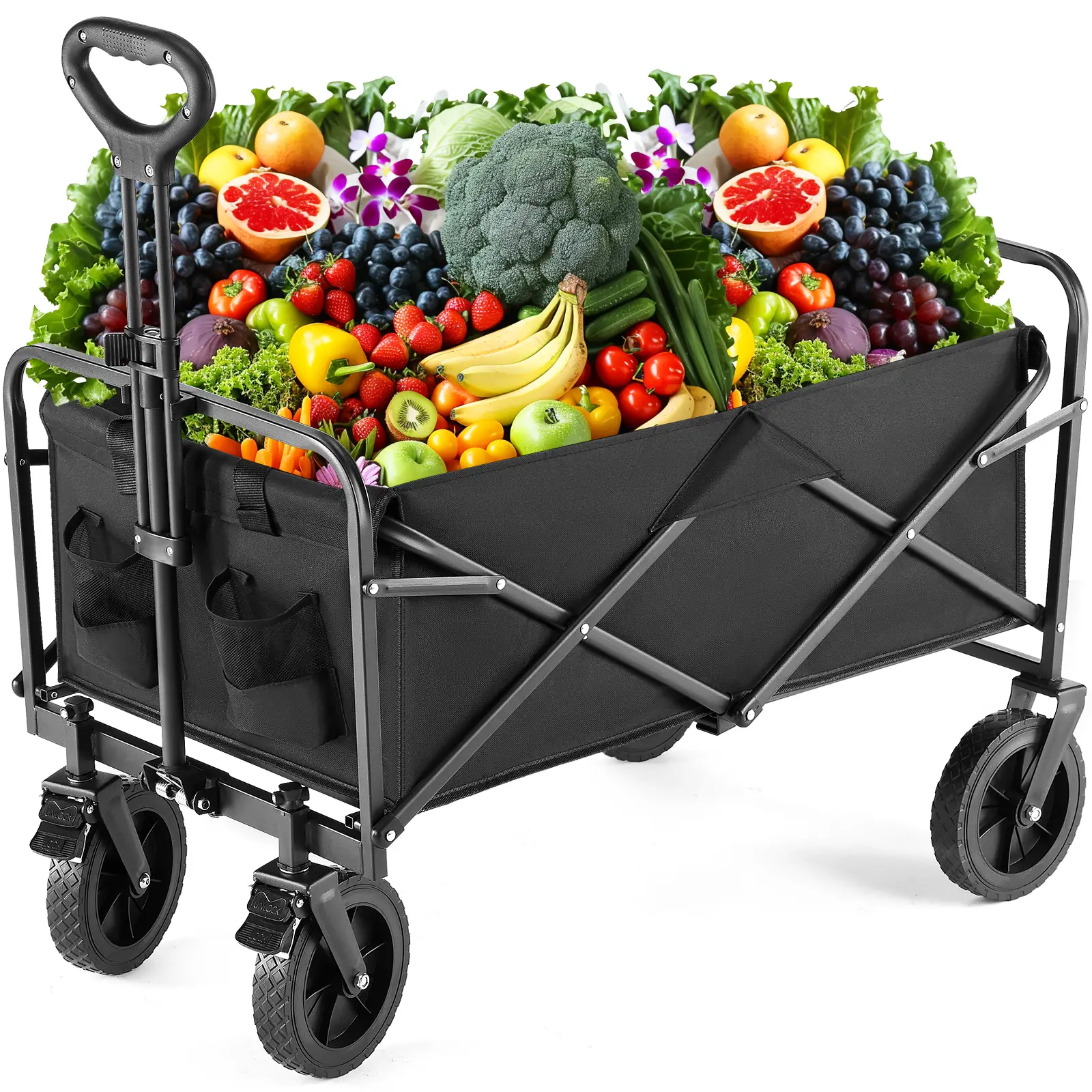 【Fall Deals】Collapsible Foldable Wagon Cart, Large Capacity Garden Beach Cart with All-Terrain Wheels, Heavy Duty Utility Grocery Wagon with Drink Hol
