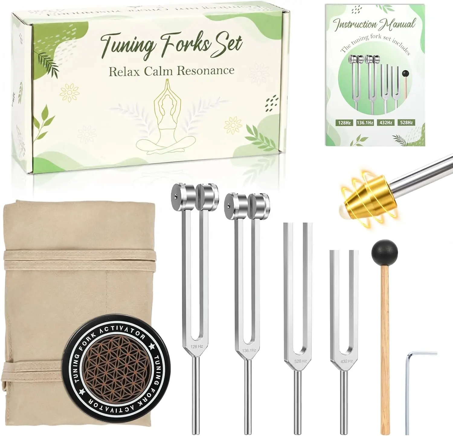 Aluminium Weighted & Unweighted Tuning Fork Set (128Hz, 136Hz, 432Hz, 528Hz) with Activator, Mallet, Vegan Pouch for Stress Relief, Chakra Balancing, Sound Therapy Musical Percussion Instrument Gift