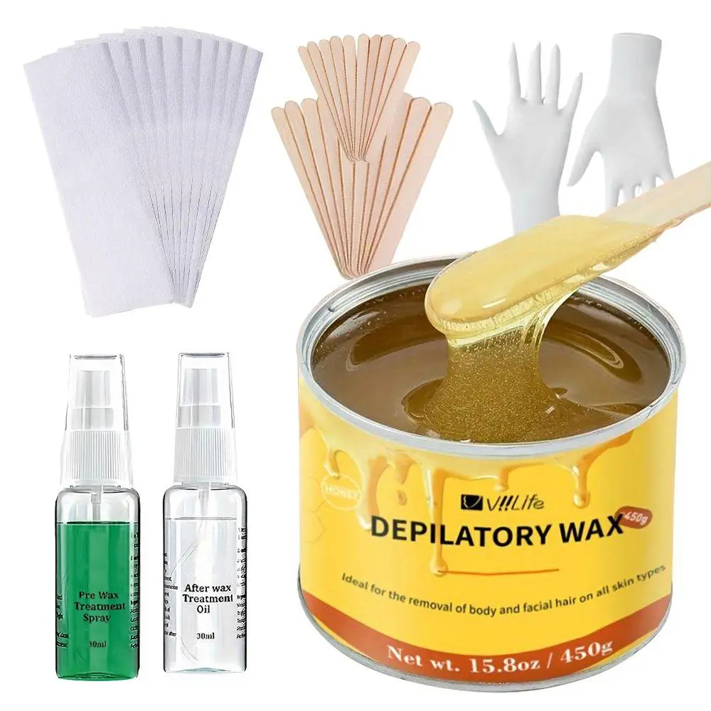 Women's Honey Depilatory Wax Hair Removal Home Waxing Kit 450g, Gentle Adhesion, Easy to Use, Suitable for All Skin Types, Body Safe, Smooth Depilation, Body Hair Remover, Bare Smooth Waxing