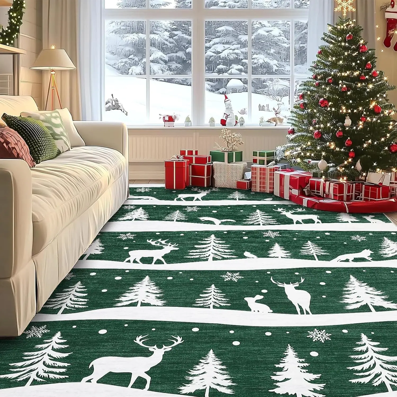 8x10 Area Rugs for Living Room, Christmas Rugs with Xmas Tree Reindeer Snowflake for Holiday Decor, Non Slip Low Pile Washable Rug for Dining Room, Bedroom, Green
