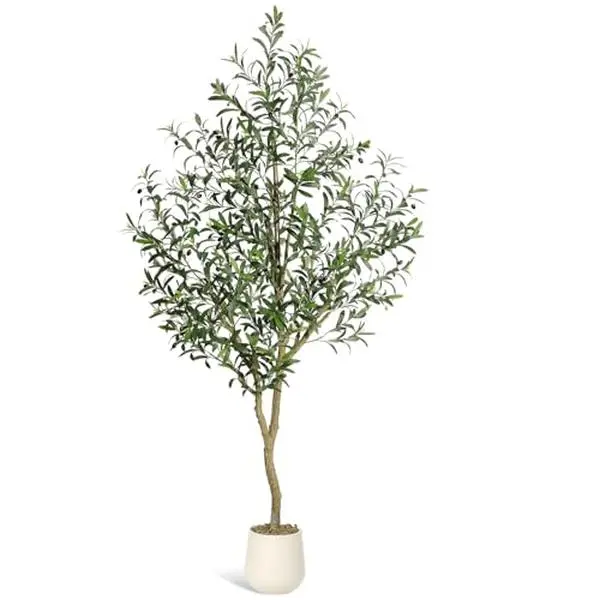 GARVEE 7 ft Tall Artificial Olive Tree - Faux Silk Potted Plant with White Planter, Natural Wood Trunk, Lifelike Fruits for Home Office Decorative Use, 1 Pack, Room